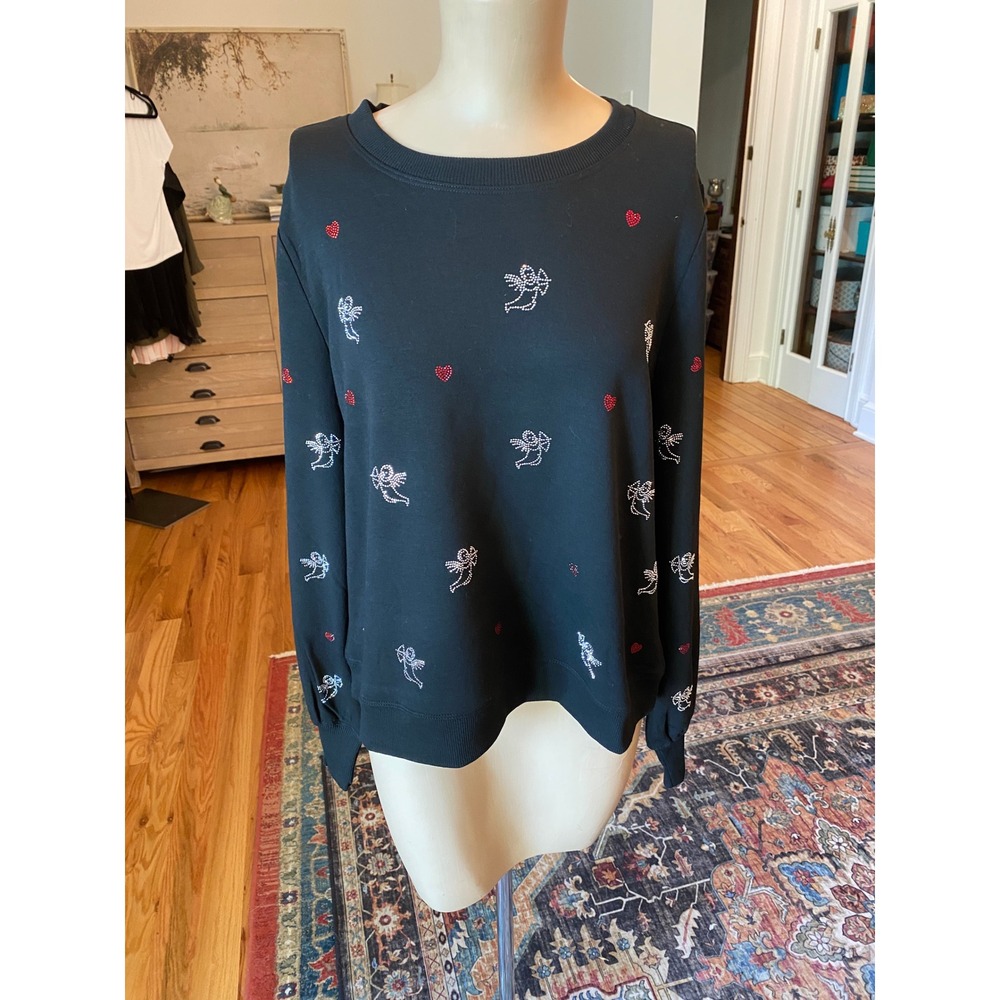 Marled Womens Black Rhinestone Cupid Heart Sweatshirt‎ Medium